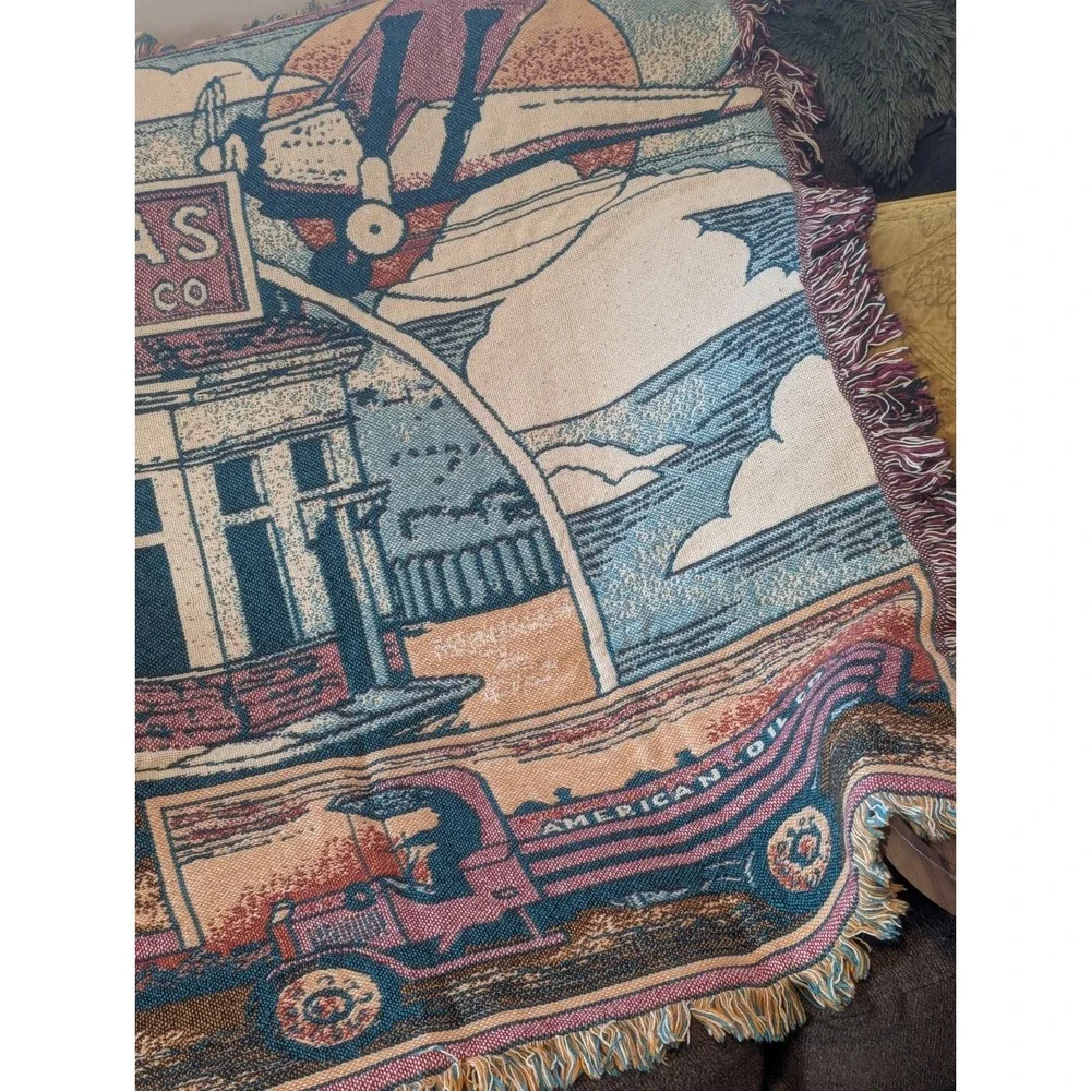 Vintage Amoco Gas Station Tapestry Fringe Throw Blanket American Oil Co Woven